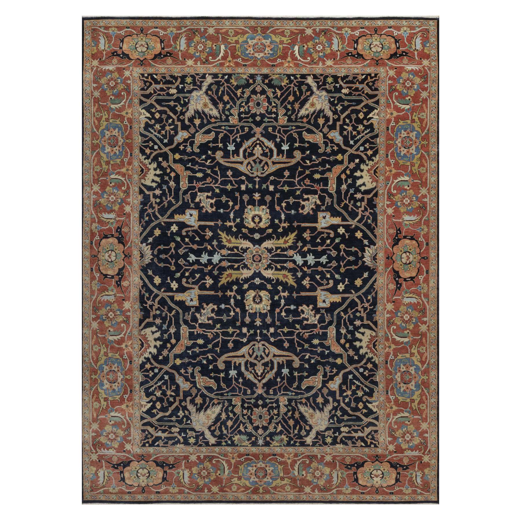 8'10"x12'1" Midnight Blue, Antiqued Fine Heriz Re-Creation, All Over Design, Hand Knotted, Hand Spun New Zealand Wool, Denser Weave, Vegetable Dyes, Oriental Rug 